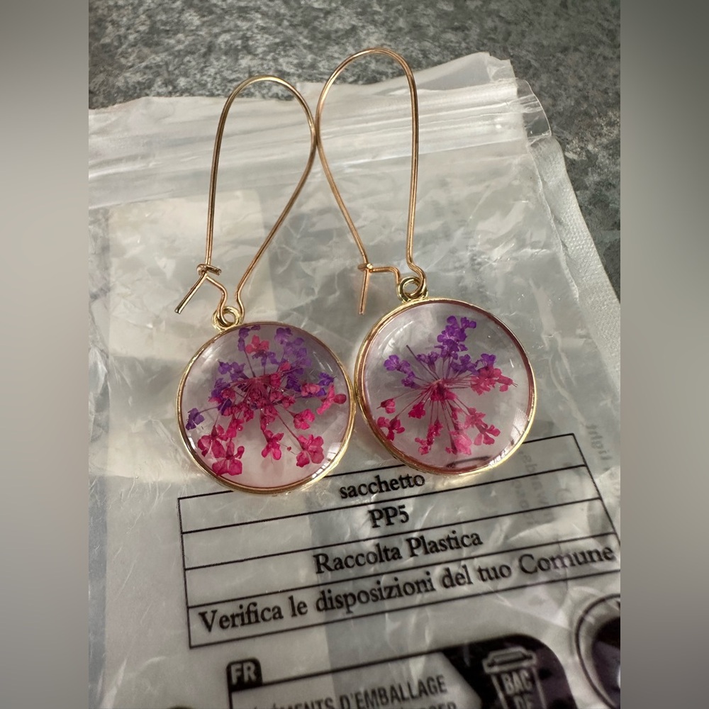 Pressed Floral Gold Drop Earrings